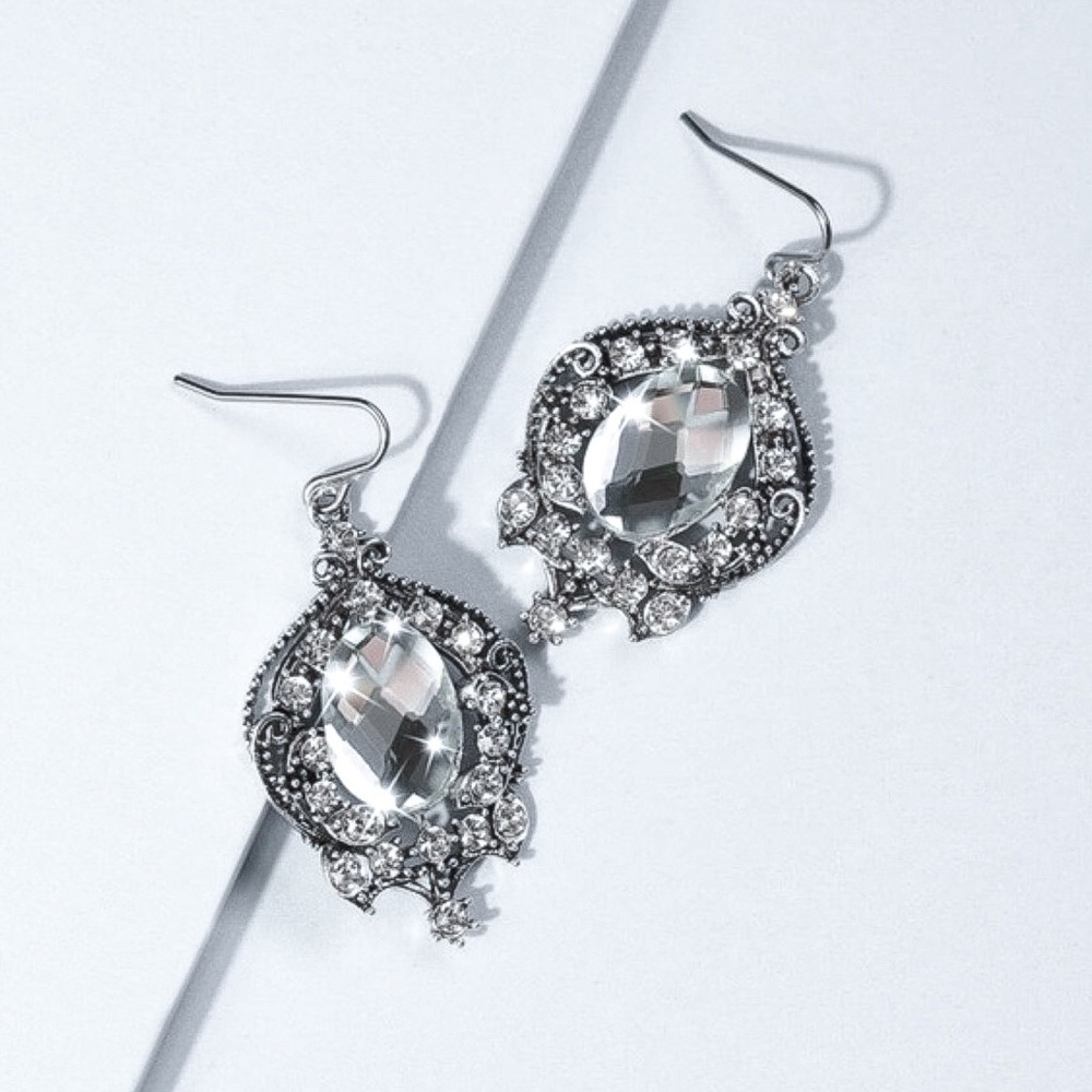 Any 2/$20! Silver & Crystal Vintage Drop Earrings - Picture 2 of 6